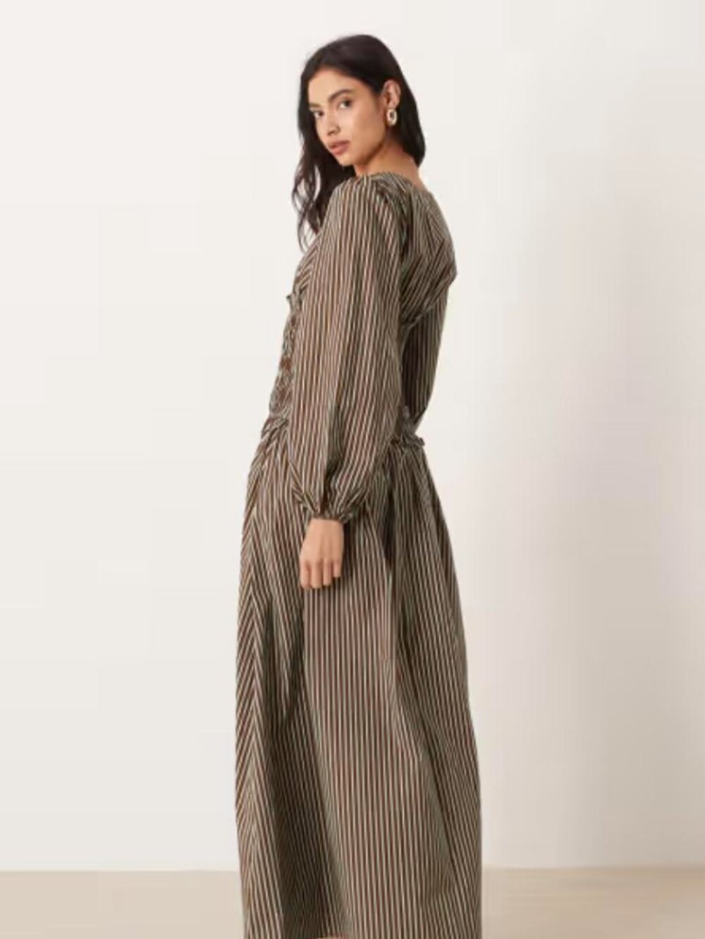 Glamorous Dropped Waist Shirred Maxi Dress | Brown Blue Stripes | Size 8 | NWT - Picture 3 of 4